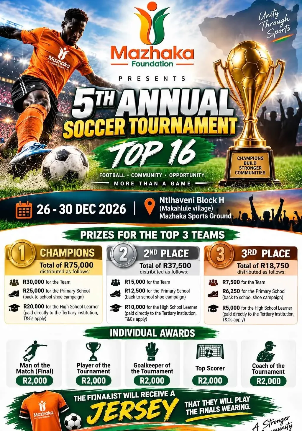 Poster for the Foundation’s 5th Annual Soccer Tournament Top 16, 26 to 30 December 2026, listing prizes for teams and individual awards