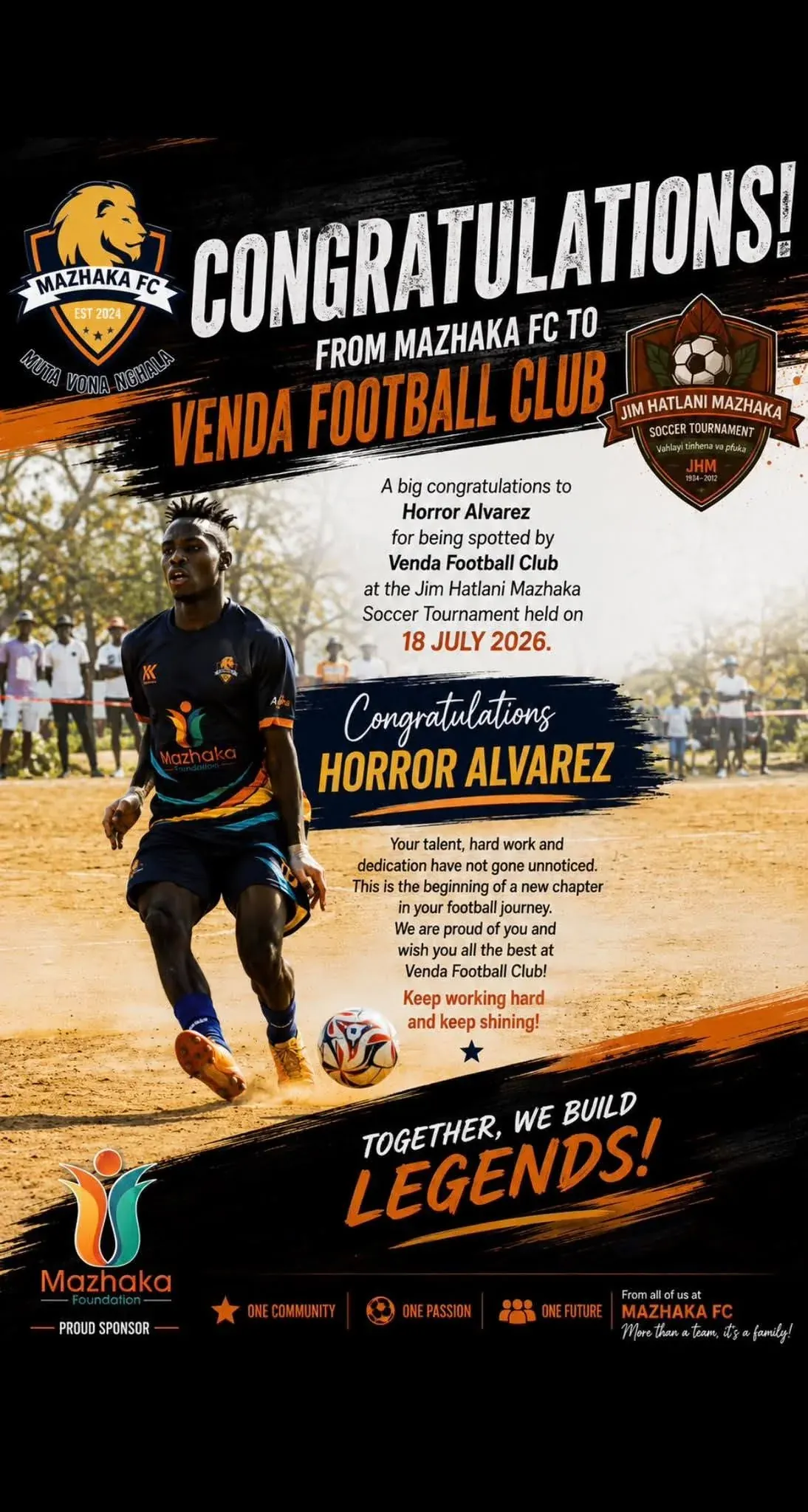Foundation artwork celebrating a player's move from Mazhaka FC to Venda Football Club