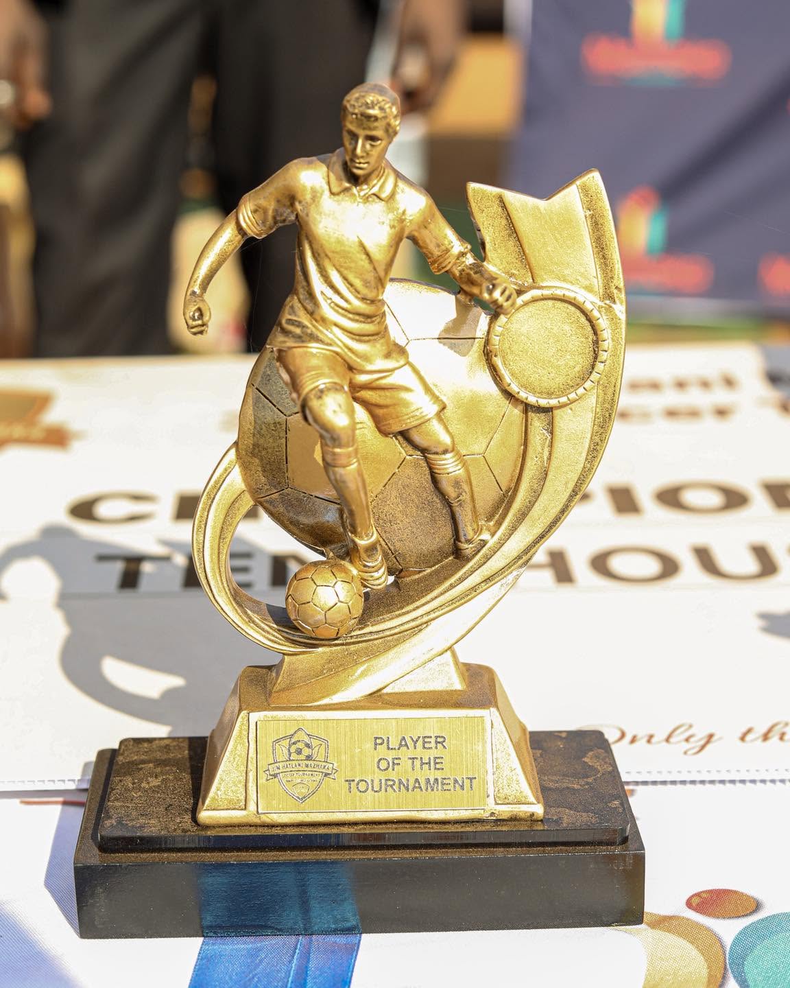 A football trophy on display