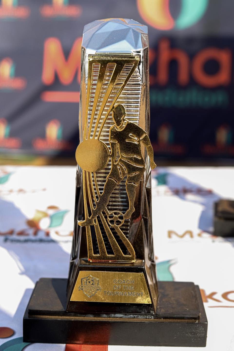A sculpted football award on display