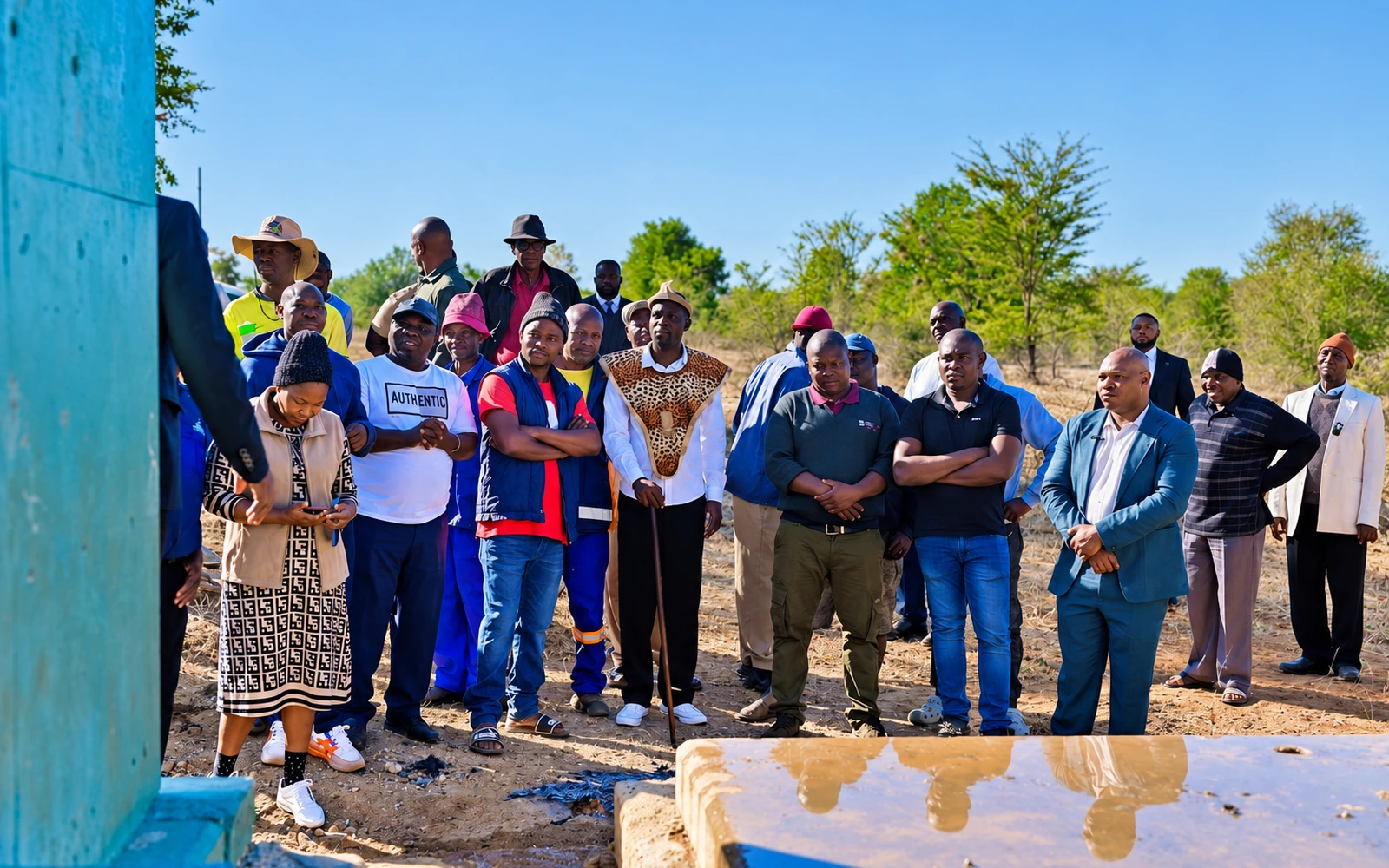Community members gathering outside beside a blue water installation