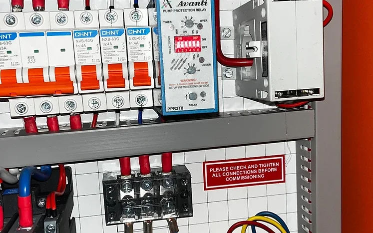 The electrical control panel inside the pump house