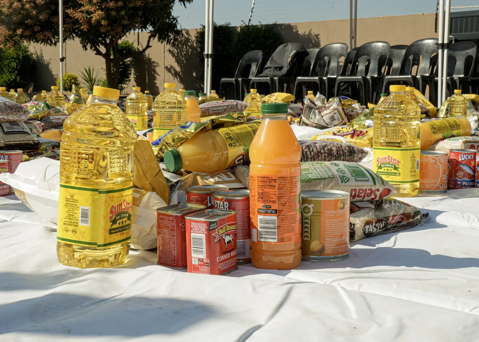 Food parcels arranged on tables